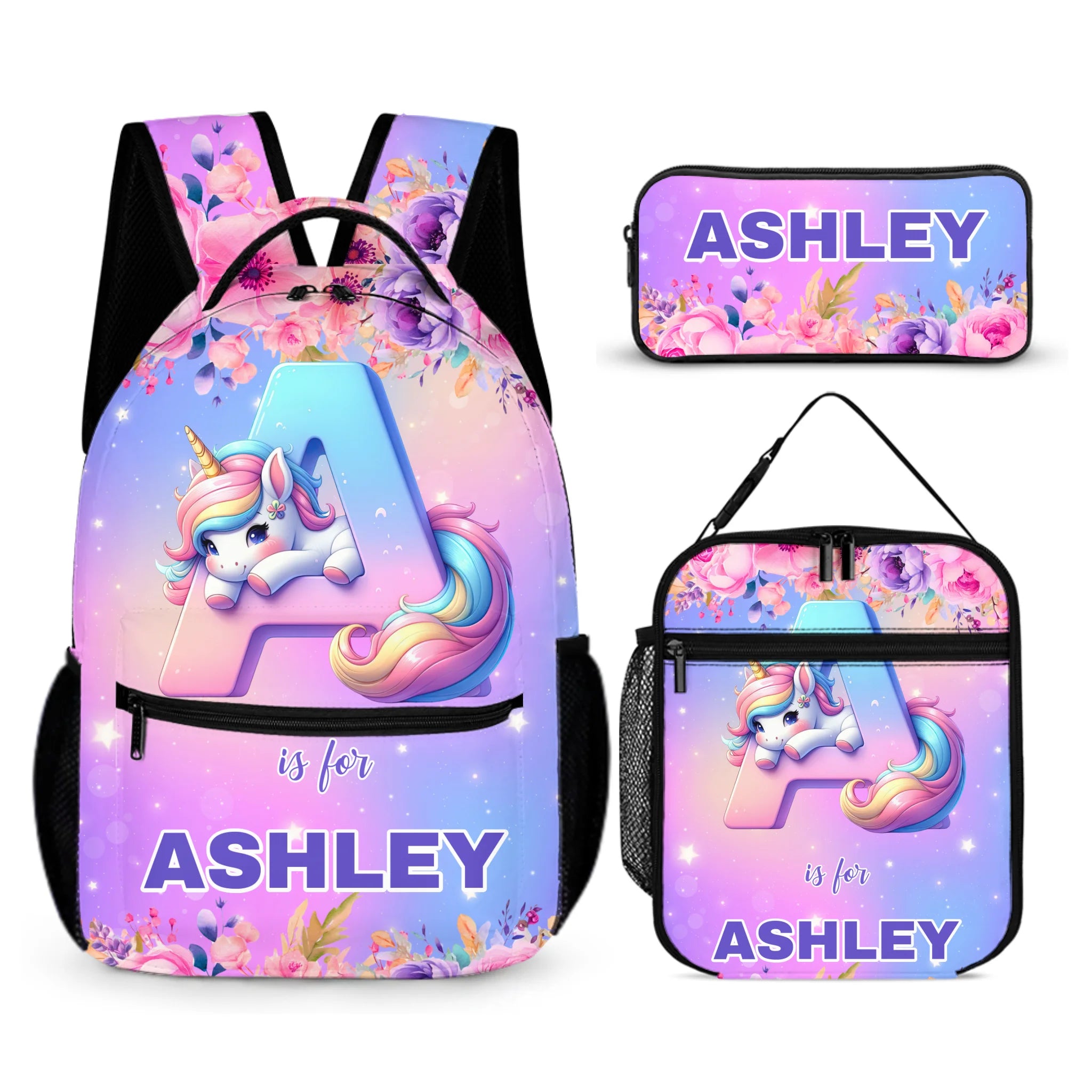 Flower Unicorn Custom Backpack - Personalized Initial and Name - Fashionable Items
