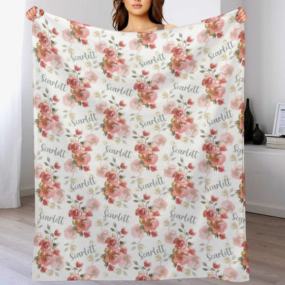 Livraison gratuite✈️Couverture personnalisée avec nom de bébé - Couverture en peluche Sherpa à fleurs douces