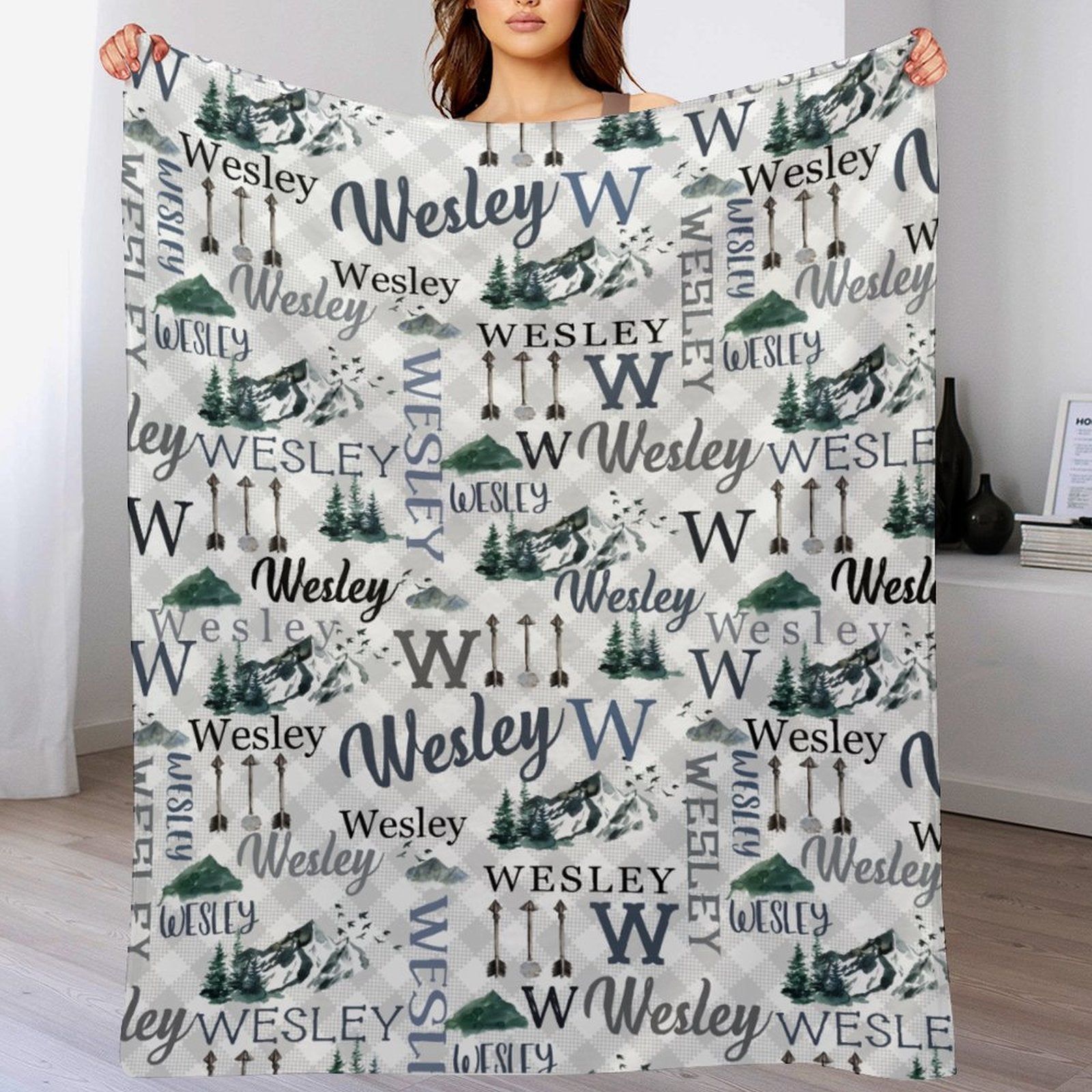 Personalized Custom Baby Name Blanket - Snow Mountain Forest Adventure Baby Blanket