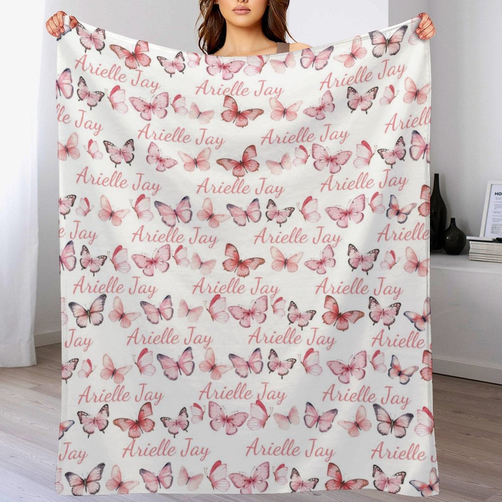 Free Shipping✈️Personalize Newborn Baby Girl Name Floral Blanket - Pink Butterfiy Swaddle Blanket - Baby Shower Gift