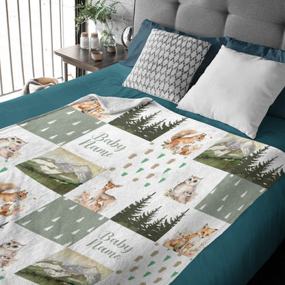 Free Shipping✈️Personalize Woodland Style Blanket-Custom Baby Name Blanket - Sage Green Woodland