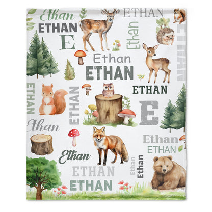 Free shipping✈️Personalized Woodland Animal Blanket Customized Baby Name Kids Custom Deer And Fox