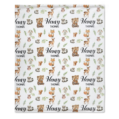 Free Shipping✈️Personalized Baby Swaddle, Woodland Animal Blanket, Custom Swaddle Blanket, Woodland Theme