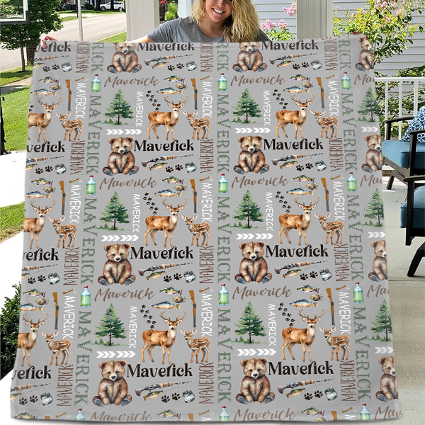 Hunting and Fishing Personalized Name Custom Forest Blanket - Gifts for Newborns