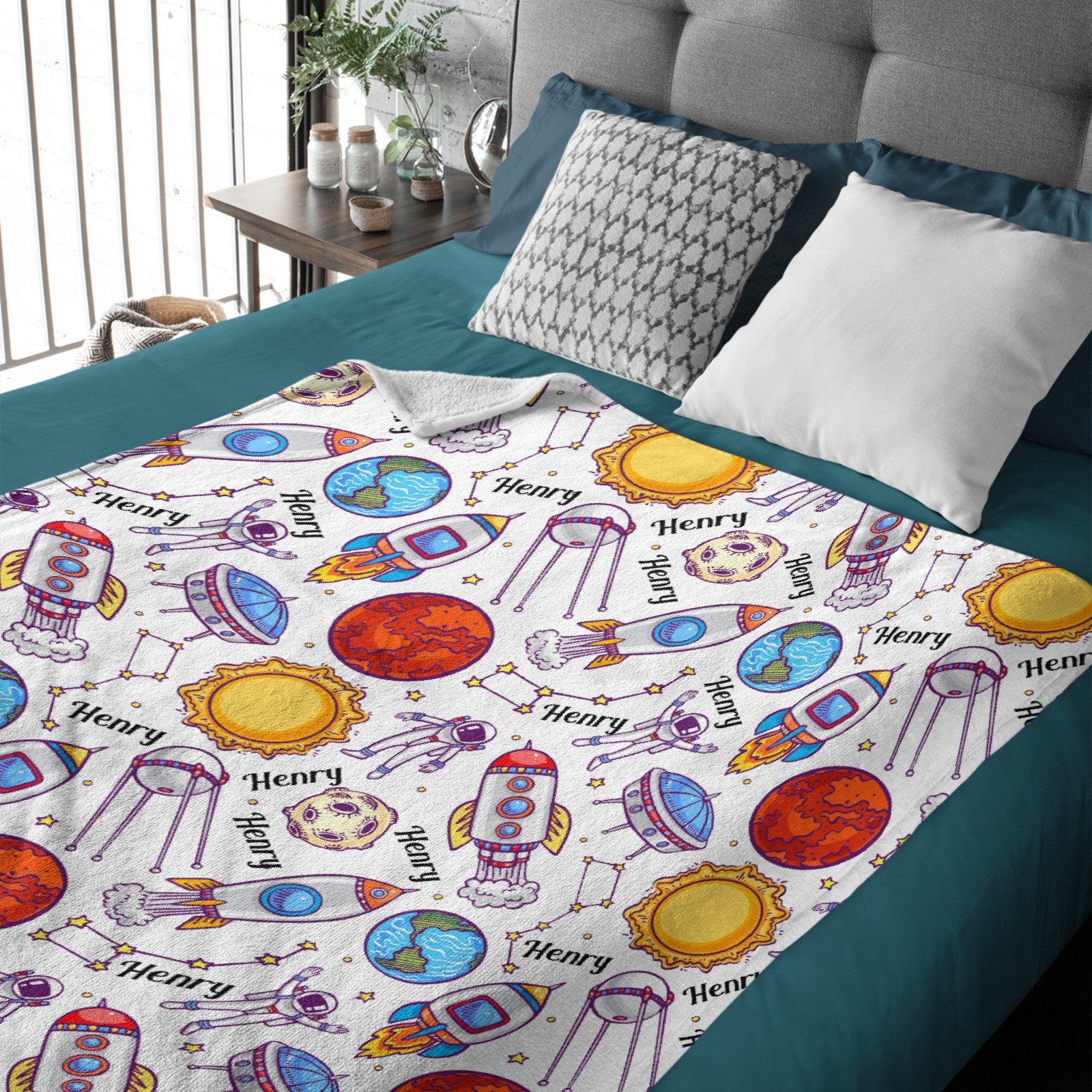 Personalized Baby Blanket- Name Blanket- Space Blanket - Space - Sherpa - Name Pattern Blanket - Planet