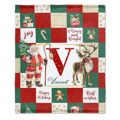 Personalized Soft Flannel Sherpa Santa Claus and Deer Blanket with Name Christmas Gift for Family or Friend