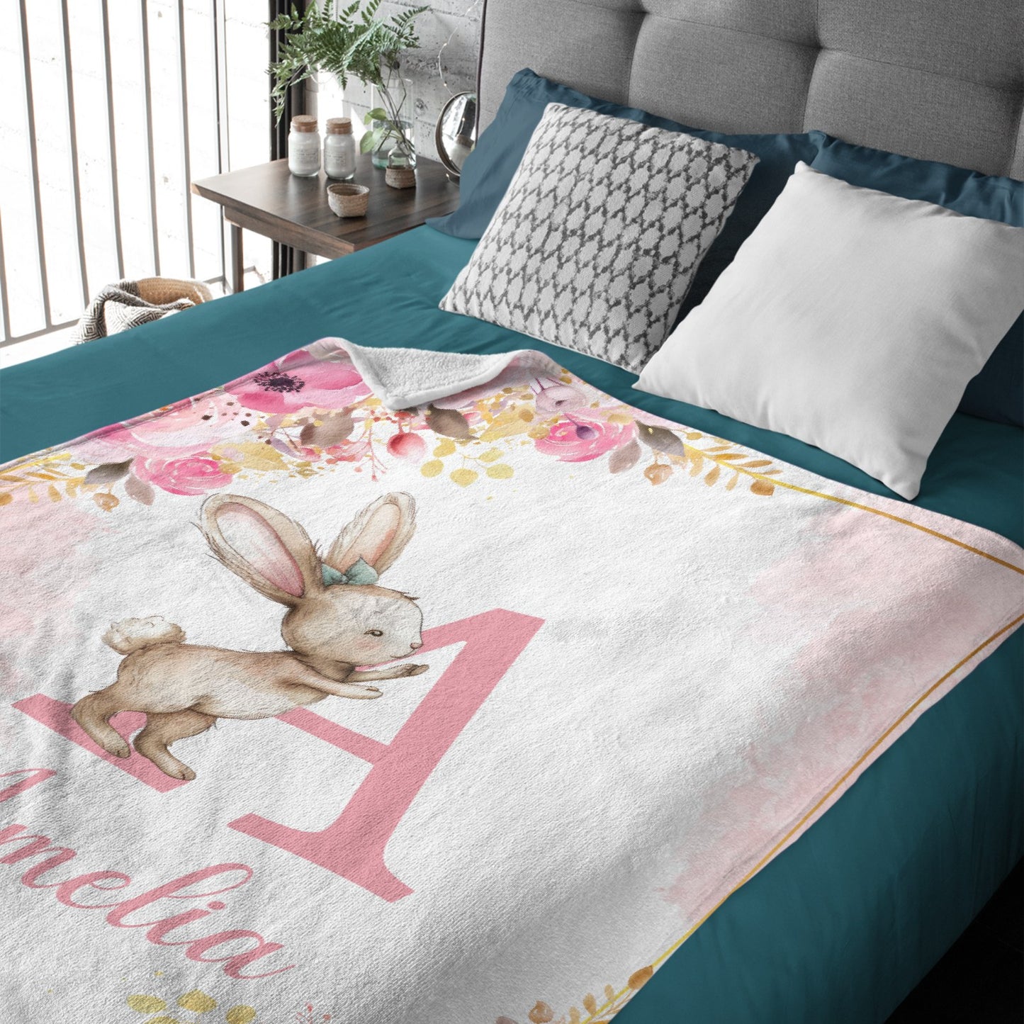 Free shipping✈️Personalized Baby Blanket with Name, Pink Bunny