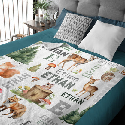 Free Shipping✈️Personalized Woodland Animals Deer, Foxs Kids Baby Name Blanket