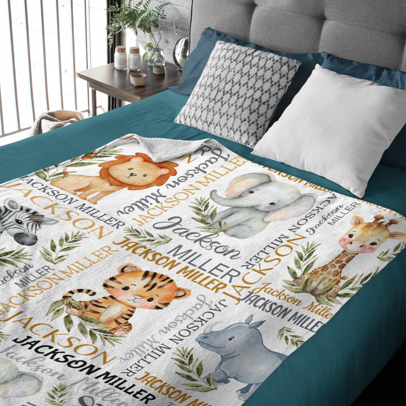 Watercolor Safari Animal Personalized Name Baby Blanket