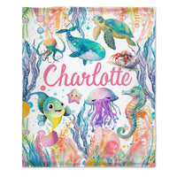 Livraison gratuite✈️Couverture personnalisée avec nom de bébé et tout-petit - Animaux marins aquarelles