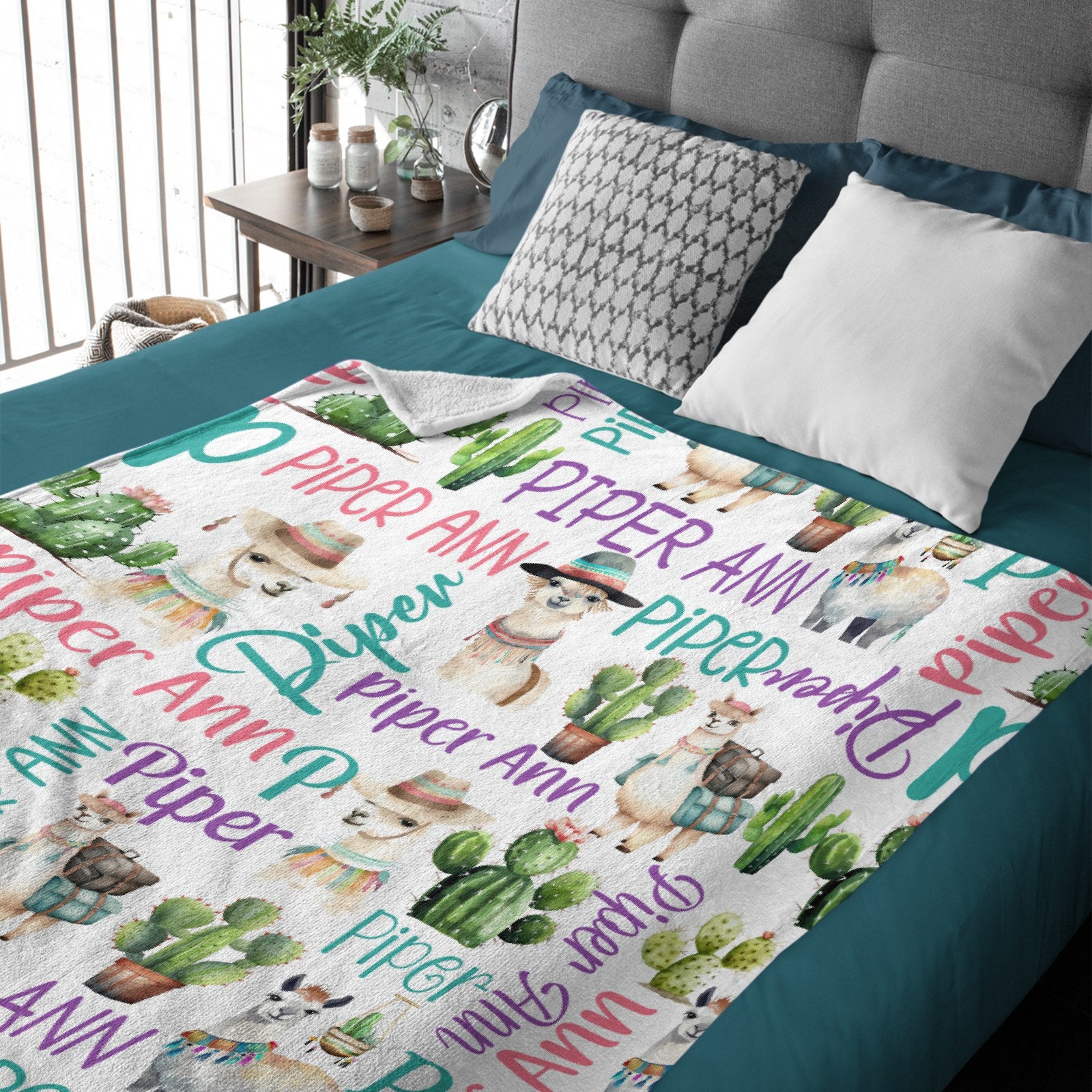Personalized Cactus Llama Girl Name Blanket
