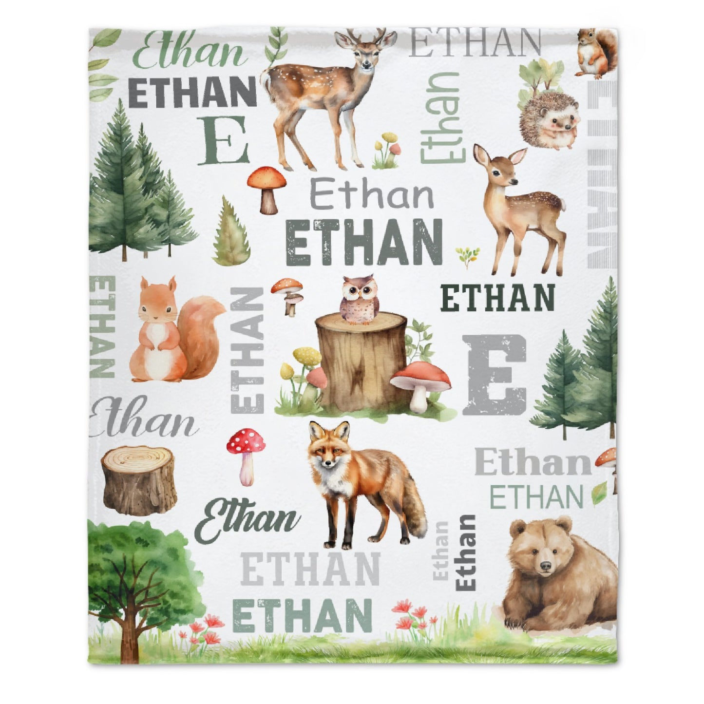 Free Shipping✈️Personalized Woodland Animals Deer, Foxs Kids Baby Name Blanket