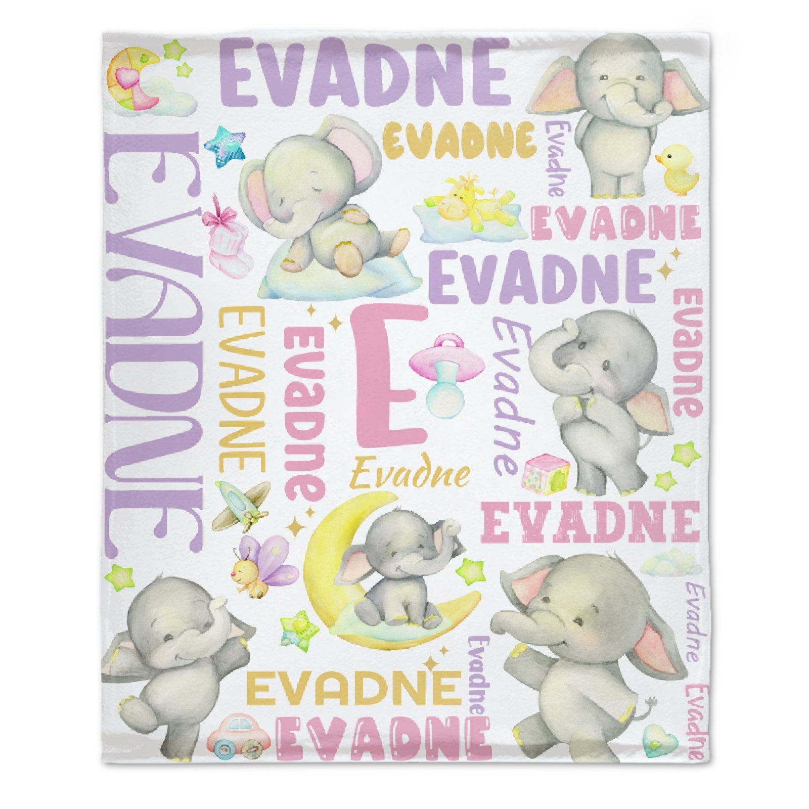 Cute Elephant Custom Name Blanket Gifts for Baby Kids Toddlers