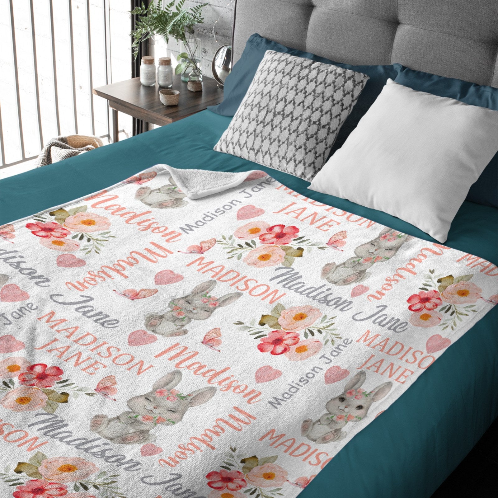 Free Shipping✈️Personalized Baby Girl Blanket Coral Floral Bunny Baby Blanket