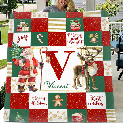 Personalized Soft Flannel Sherpa Santa Claus and Deer Blanket with Name Christmas Gift for Family or Friend