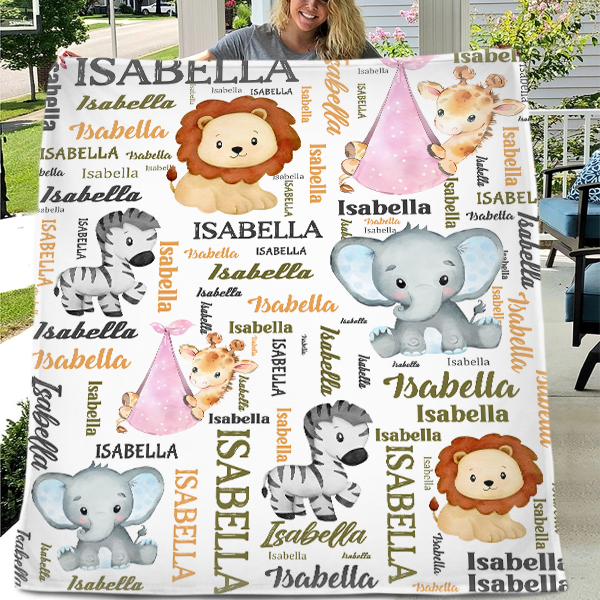 Personalized Pink Pocket Deer, Elephant, Zebra, Lion Animal Blanket With Colorful Names