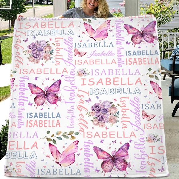 Free shipping✈️Personalised Purple Butterfly Floral Baby Blanket - Customised Gift for Baby Shower