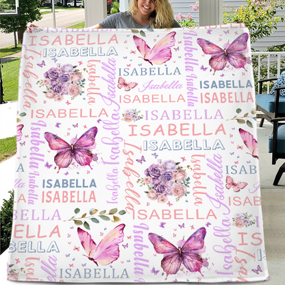 Free shipping✈️Personalised Purple Butterfly Floral Baby Blanket - Customised Gift for Baby Shower