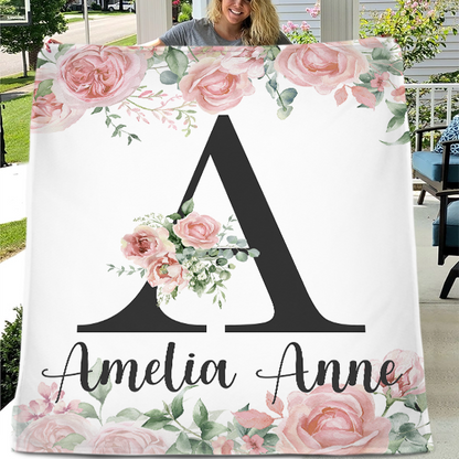 Free shipping✈️Pink Watercolor floral Monogram Baby Blanket