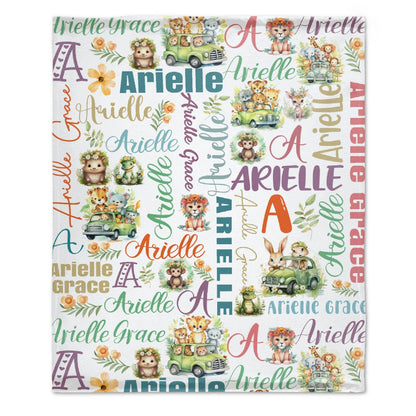 Livraison gratuite✈️Couverture personnalisée pour bébés filles - Couverture à thème Art Safari avec nom personnalisable