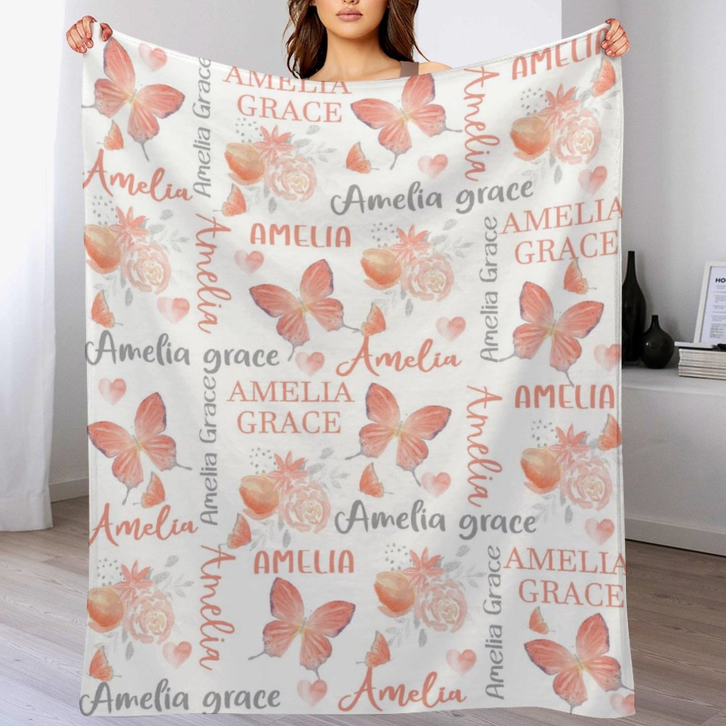 Free Shipping✈️Personalized Butterfly Coral Floral Baby Girl Name Blanket