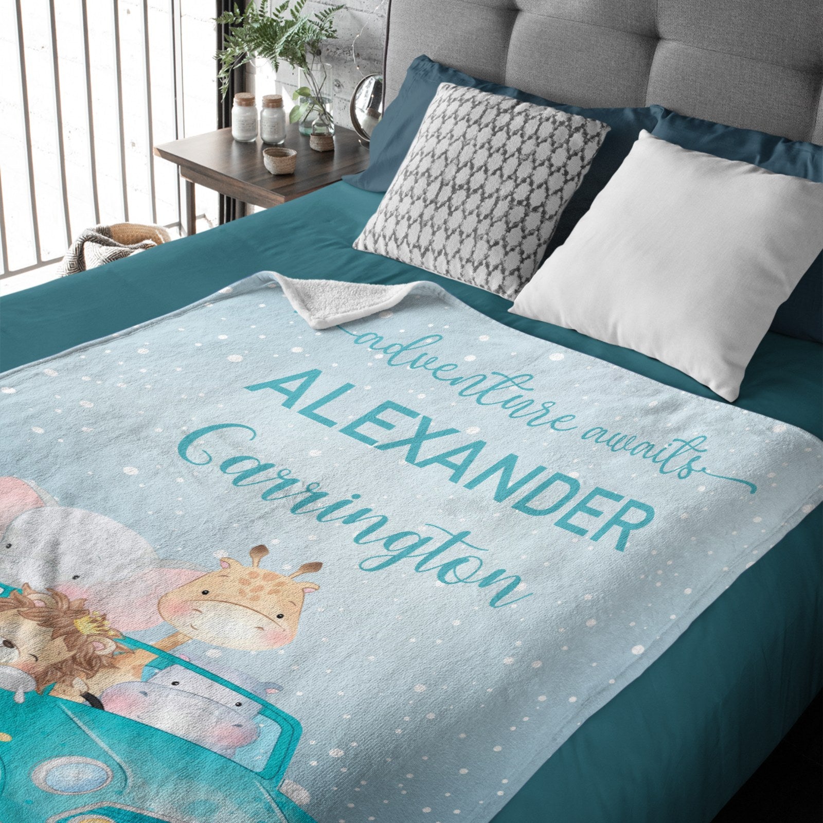Blue Adventure Awaits Watercolor Safari Animals Custom Name Blanket
