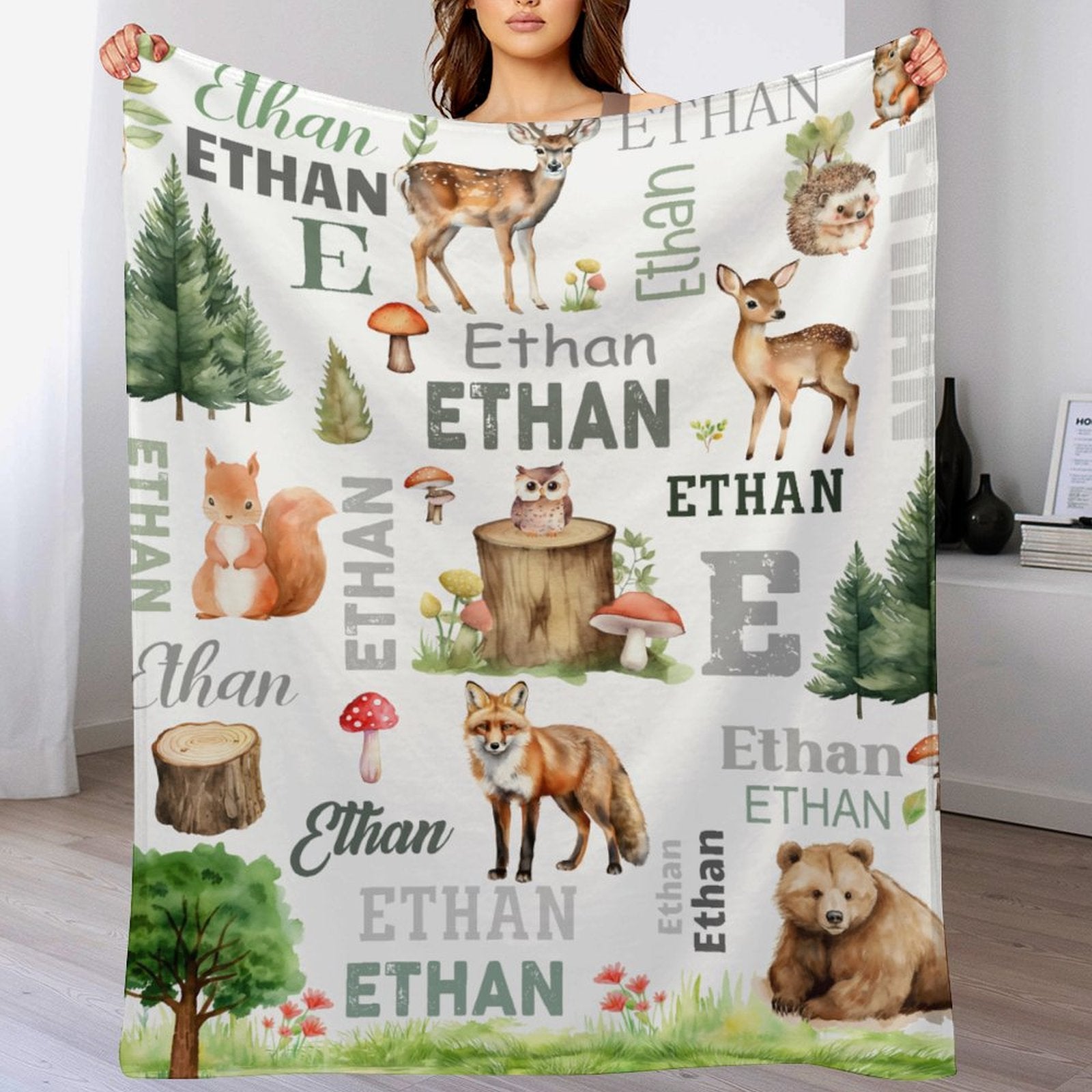 Personalized Woodland Animal Blanket Customized Baby Name Kids Custom Deer And Fox