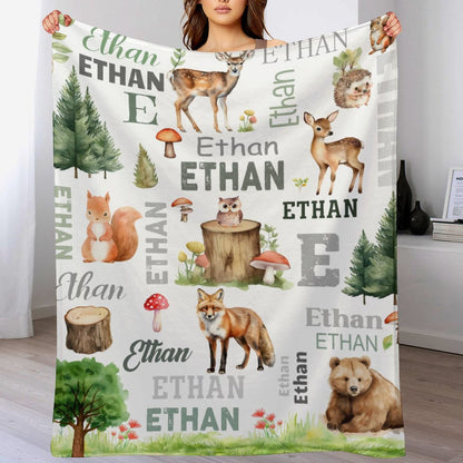 Free shipping✈️Personalized Woodland Animal Blanket Customized Baby Name Kids Custom Deer And Fox