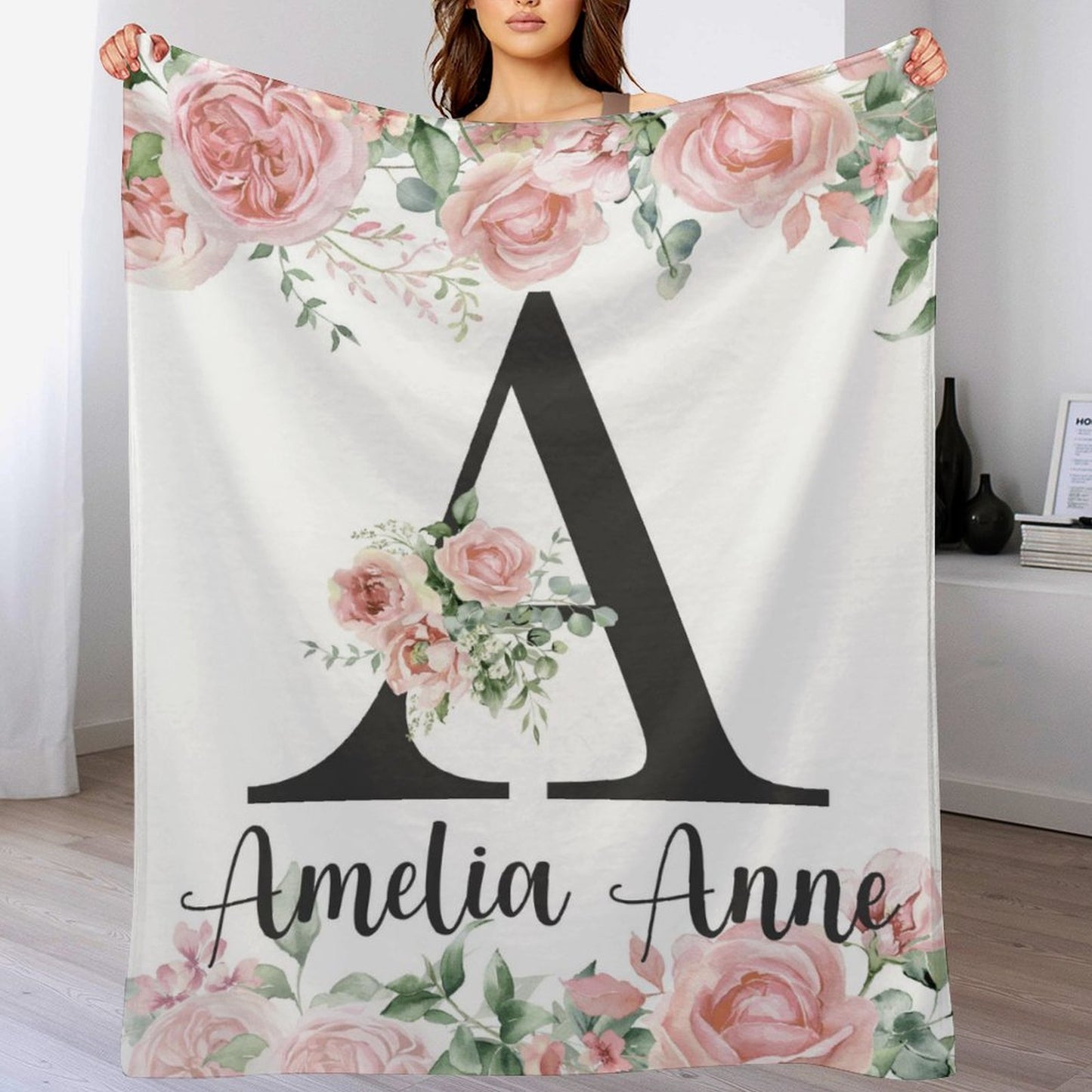 Free shipping✈️Pink Watercolor floral Monogram Baby Blanket