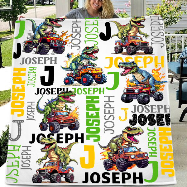 Free Shipping✈️Personalized Baby Blanket Dinosaur Flame Pickup Name Custom Blanket