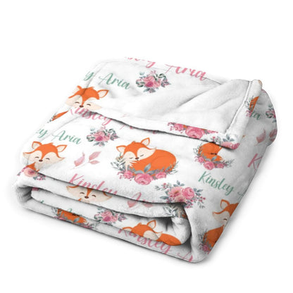 Free Shipping✈️Personalized Pink Floral Fox Blanket