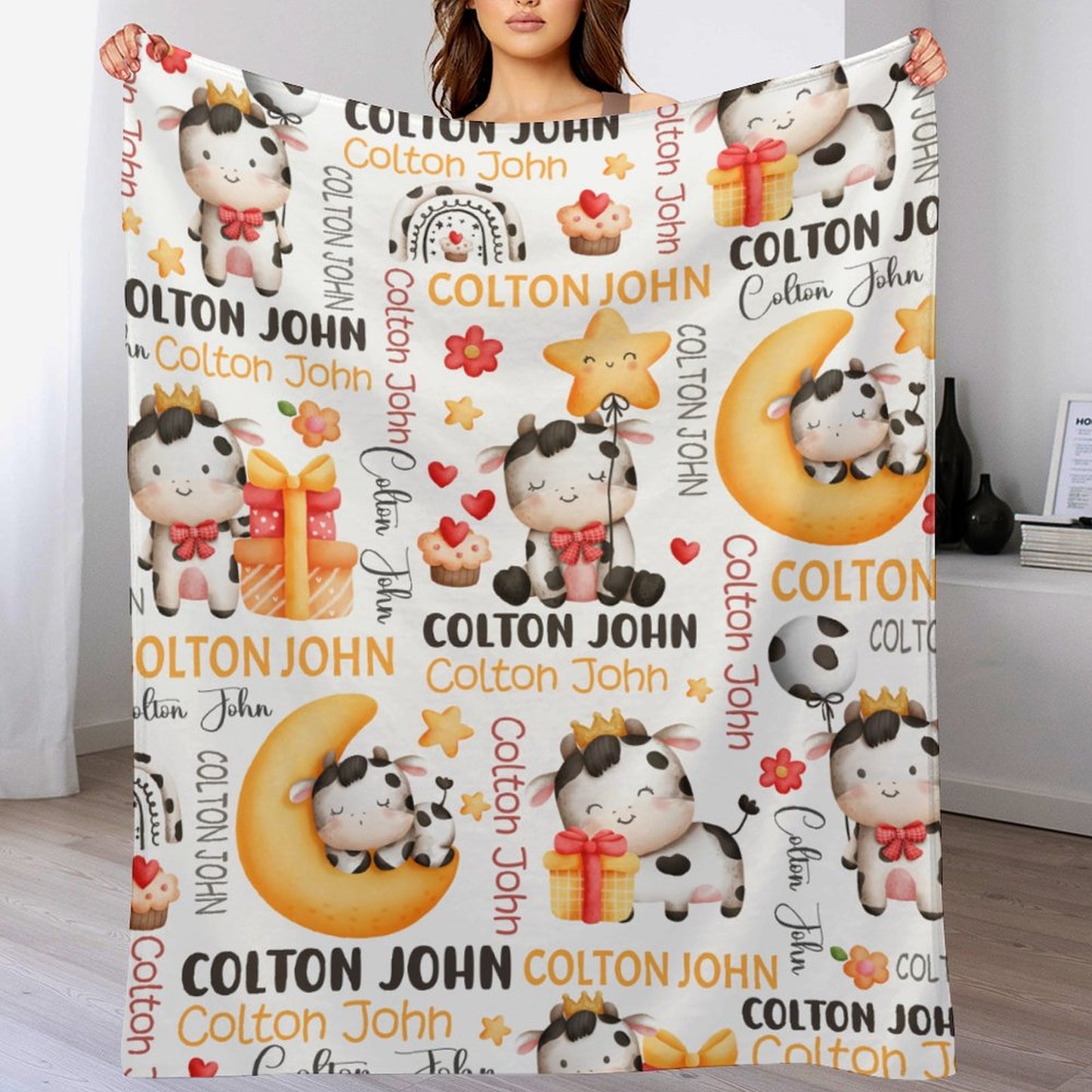 Free Shipping✈️Personalized Baby Blanket with Name for Girls Boys Birthday Gift Cow Custom Baby Throw Blanket