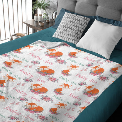 Free Shipping✈️Personalized Pink Floral Fox Blanket