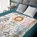 Personalized Pink Pocket Deer, Elephant, Zebra, Lion Animal Blanket With Colorful Names