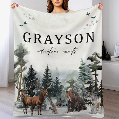 Free Shipping✈️Personalized Baby Blanket Gift - Toddler Blanket, Forest Decor, Toddler Birthday Gift - Woodland Theme Adventure Awaits