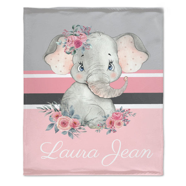 Personalized Floral Elephant Blanket - Customized Name Gift