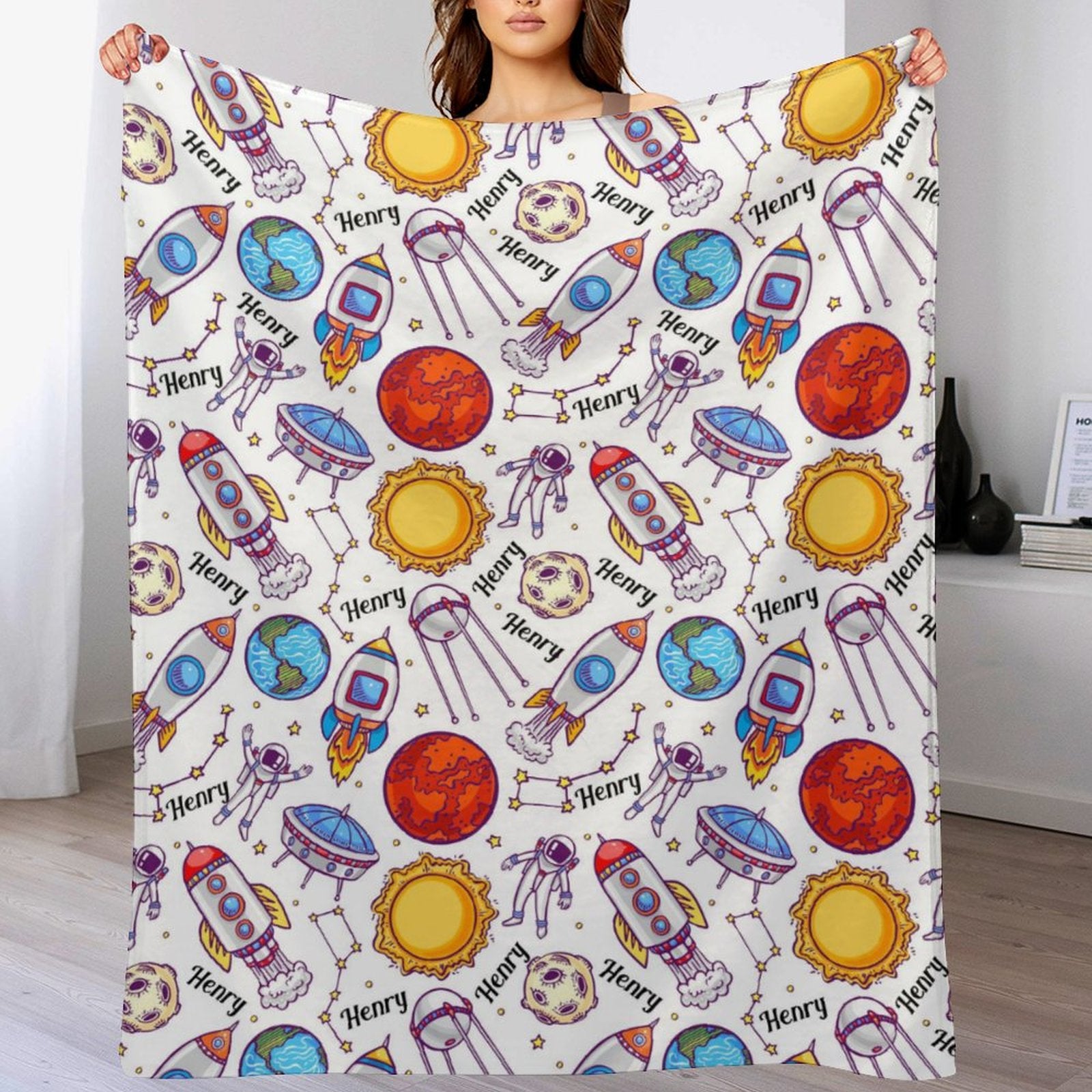 Personalized Baby Blanket- Name Blanket- Space Blanket - Space - Sherpa - Name Pattern Blanket - Planet