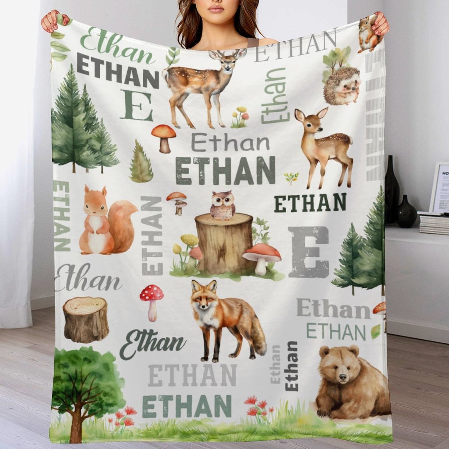 Free Shipping✈️Personalized Woodland Animals Deer, Foxs Kids Baby Name Blanket