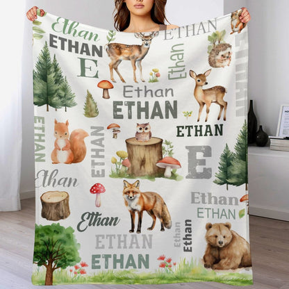 Free Shipping✈️Personalized Woodland Animals Deer, Foxs Kids Baby Name Blanket