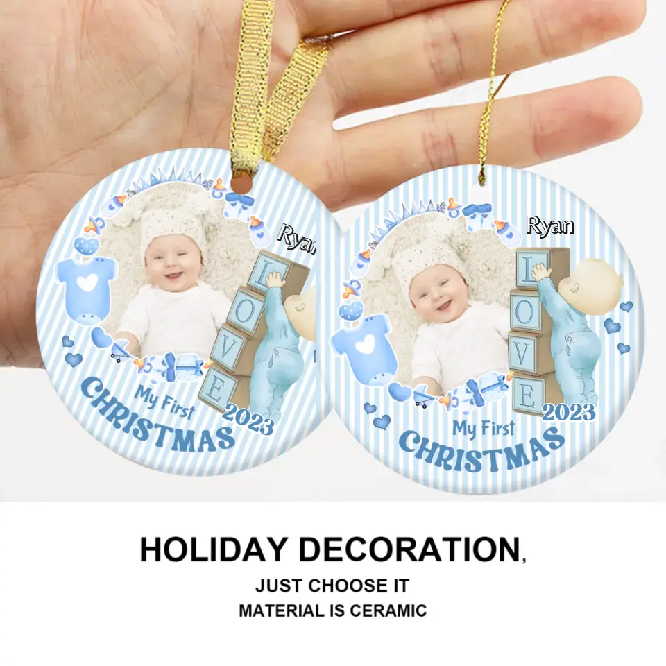 Ornement personnalisé de cercle en céramique de photo de Noël de bébé de cadeau personnalisé de nouveau-né