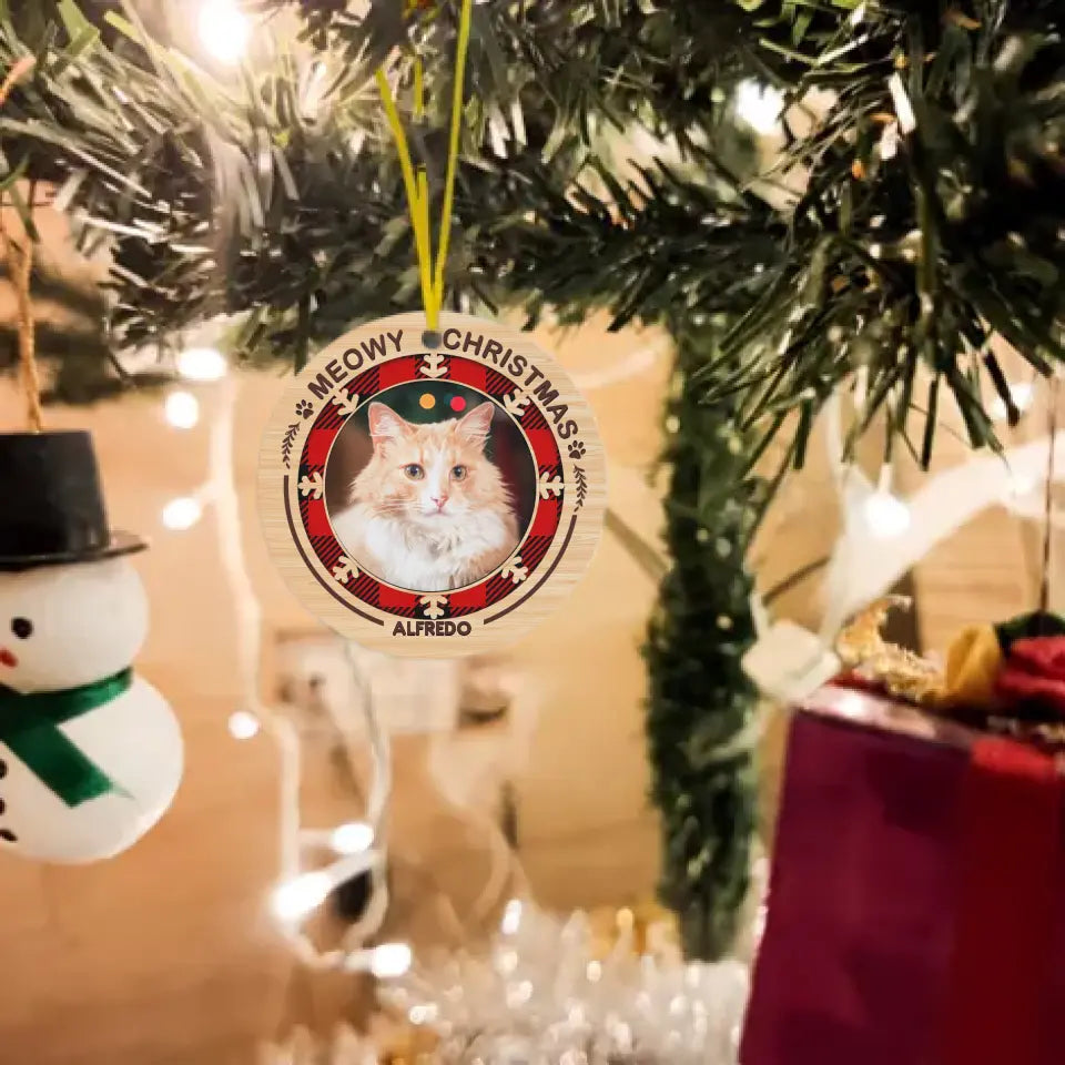 Merry Woofmas Meowy Christmas - Personalized Custom Round Shaped Photo Christmas Acrylic Ornament -  Gift For Pet Lovers