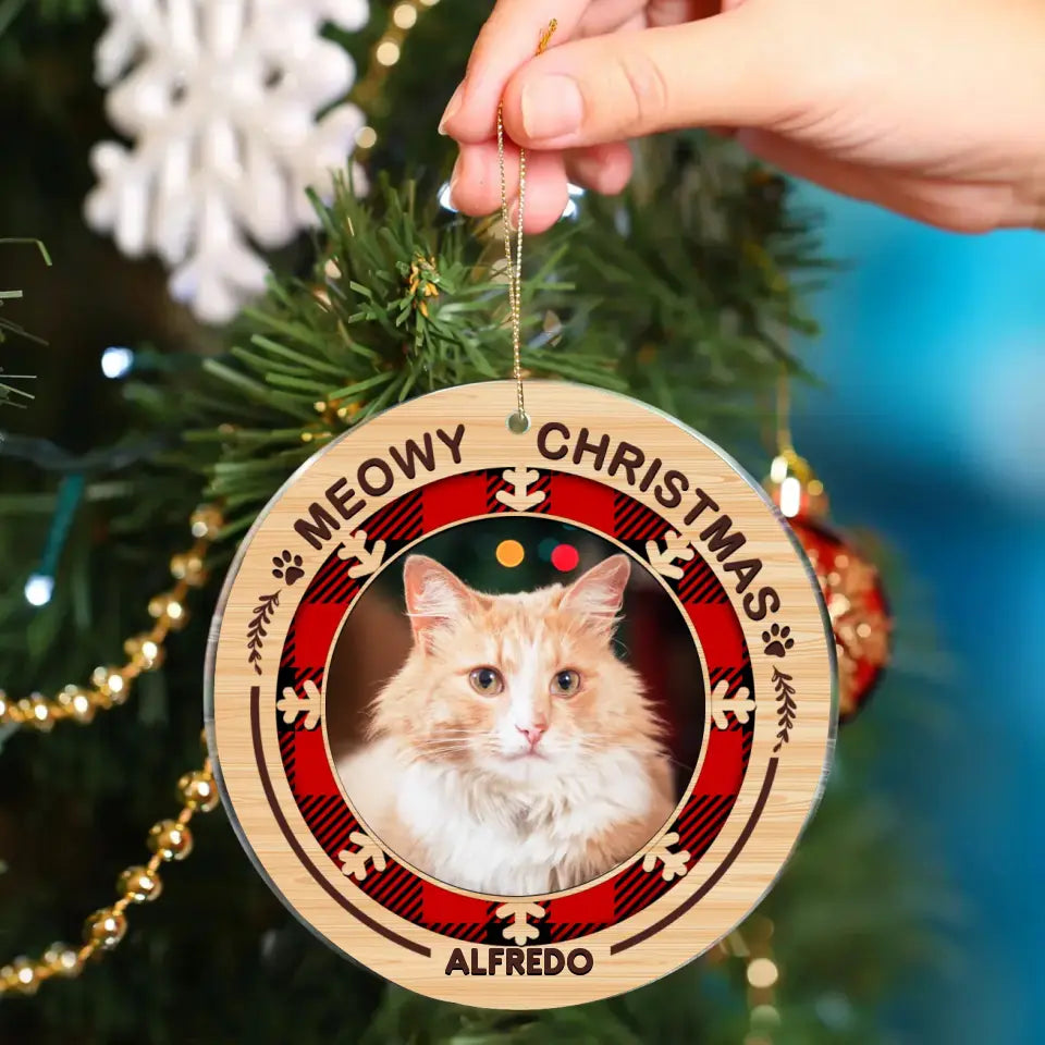 Merry Woofmas Meowy Christmas - Personalized Custom Round Shaped Photo Christmas Acrylic Ornament -  Gift For Pet Lovers