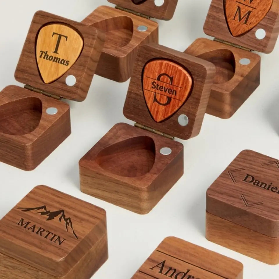 Boîte de rangement personnalisée en bois pour médiator de guitare