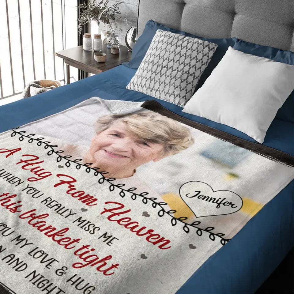 Custom Photo Personalized Fleece Blanket - Memorial Gift, A Hug From Heaven