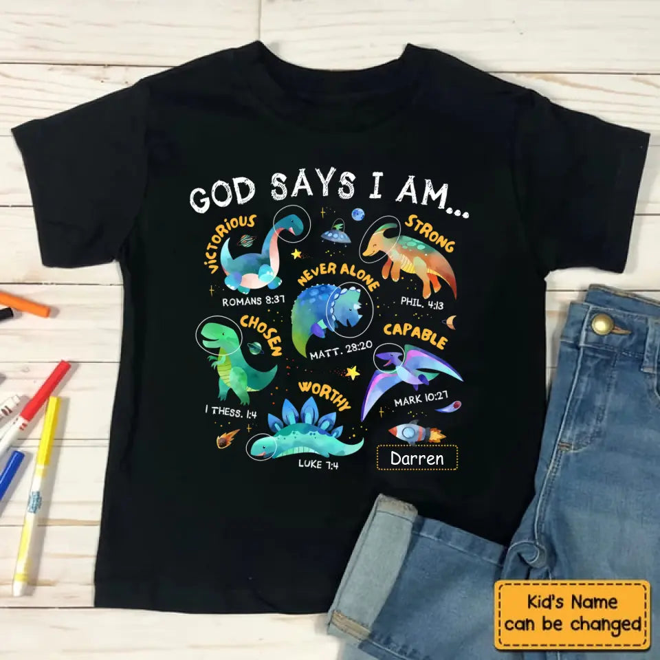 Gifts For Grandson Space Dinosaur God Say I Am ...T Shirt For Kids