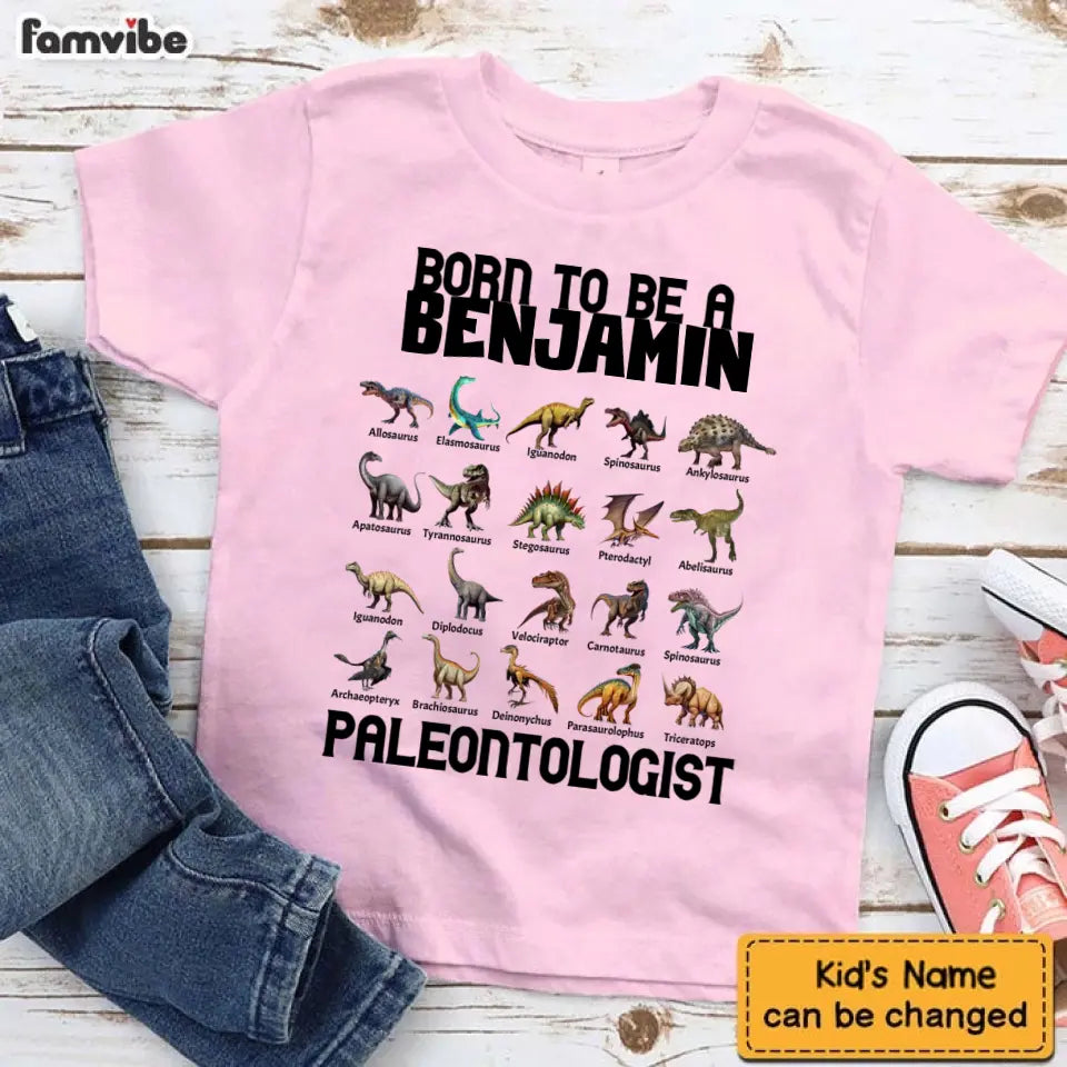 Gift For Grandson/Granddaughter Born To Be A Paleontologist - Personalized Name Dinosaur Kids T-Shirt