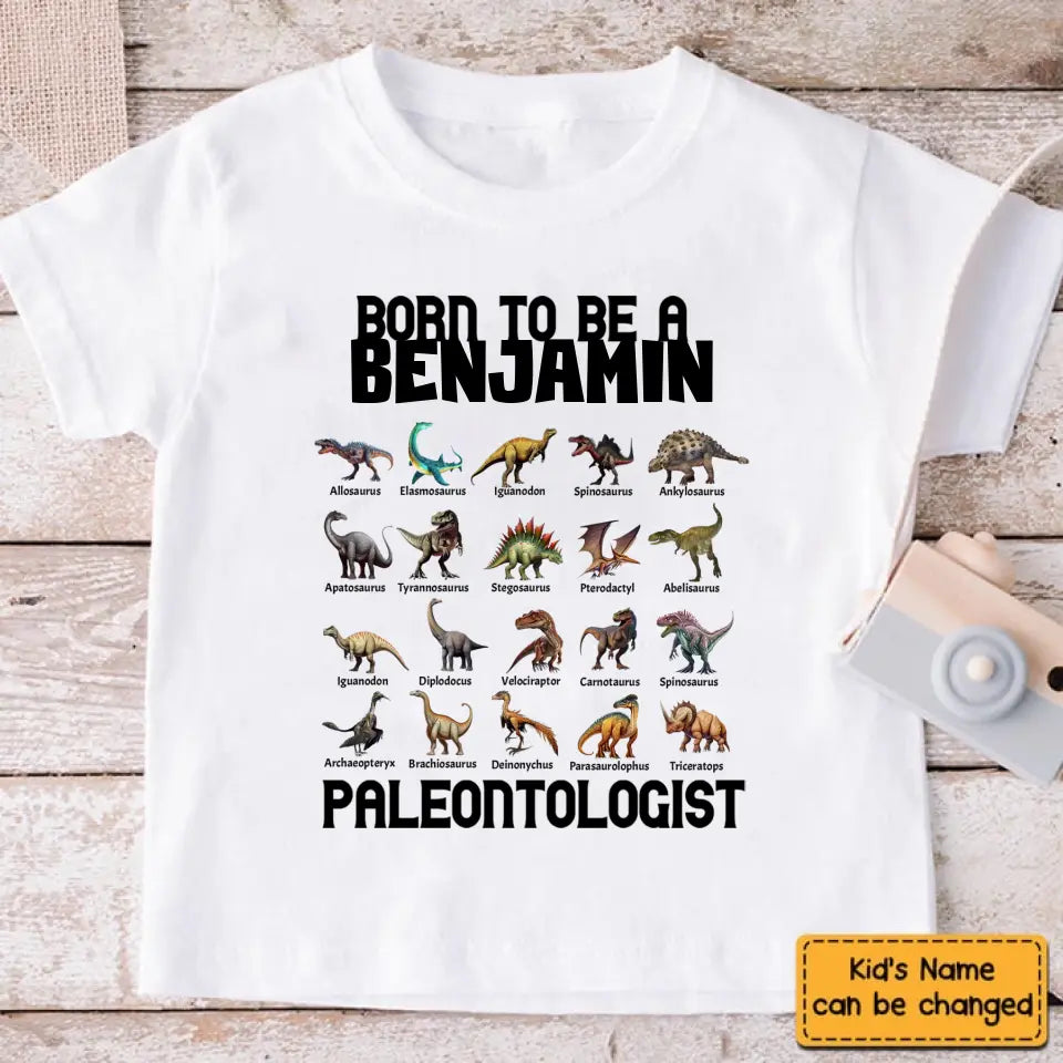 Gift For Grandson/Granddaughter Born To Be A Paleontologist - Personalized Name Dinosaur Kids T-Shirt