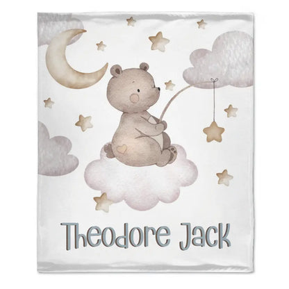 Personalized Custom Baby Boy Name Blanket - Bear Moon Stars in Sky Blanket, Newborn Boy Baby Gift