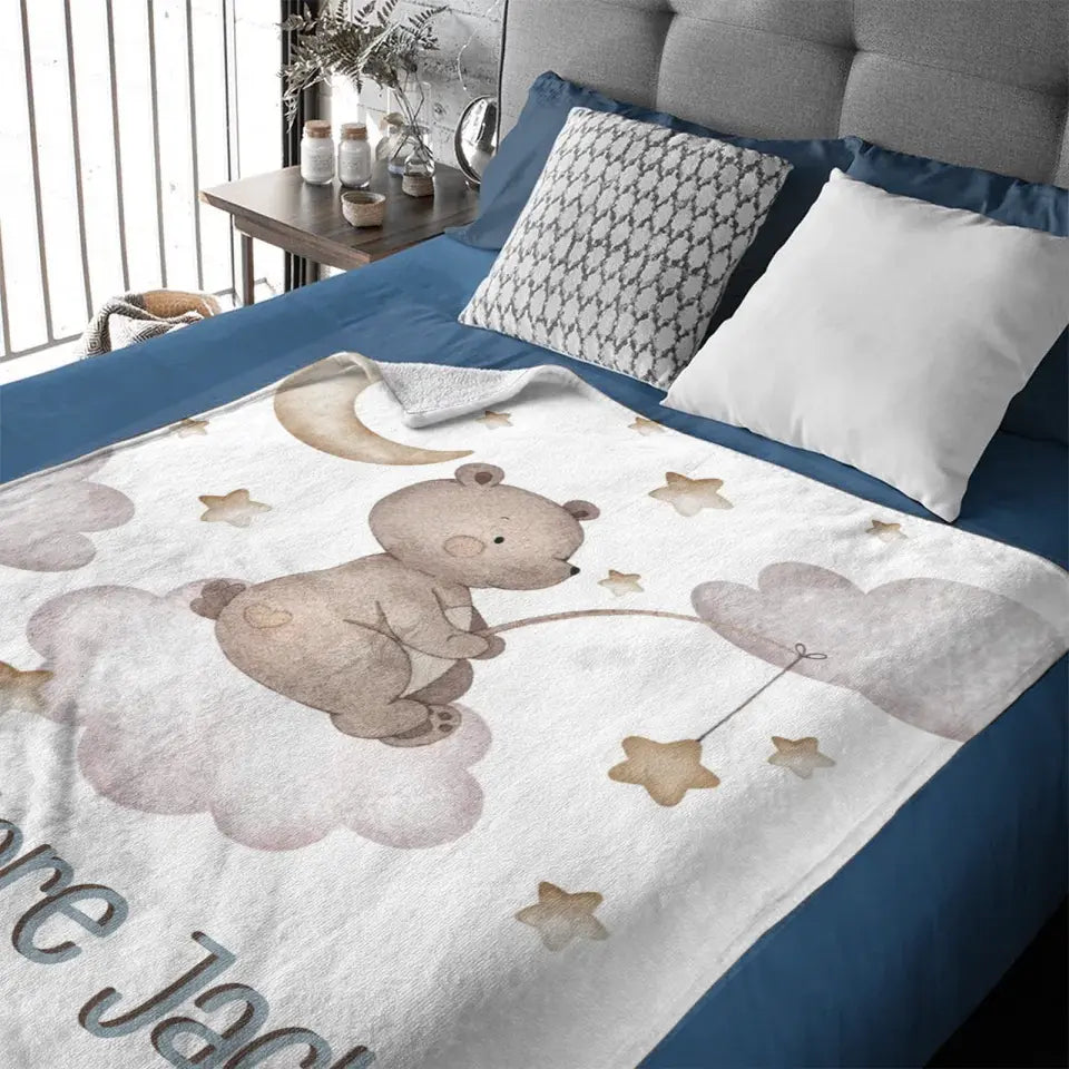 Personalized Custom Baby Boy Name Blanket - Bear Moon Stars in Sky Blanket, Newborn Boy Baby Gift