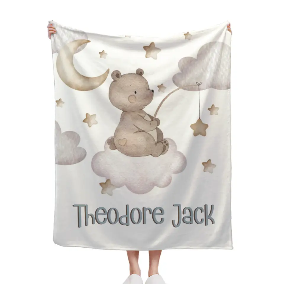 Personalized Custom Baby Boy Name Blanket - Bear Moon Stars in Sky Blanket, Newborn Boy Baby Gift